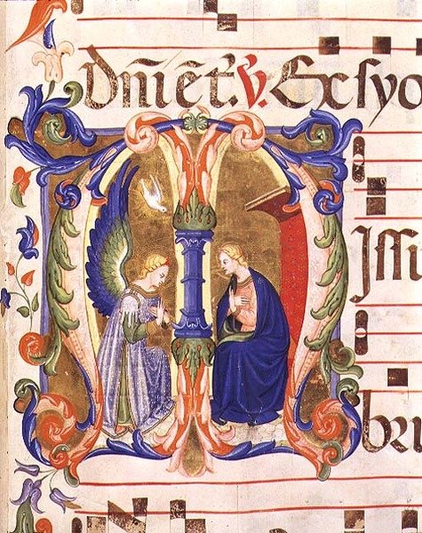Ms 572 f.147r Historická iniciála „M“ zobrazující Zvěstování z antifony ze Santa Maria del Carmine, Florencie (vellum) od Don Simone and school Camaldolese