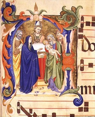 Ms 572 f.88r Historizovaná iniciála "N" s vyobrazením Obětování v chrámu z antifony ze Santa Maria del Carmine, Florencie (pergamen) od Don Simone and school Camaldolese