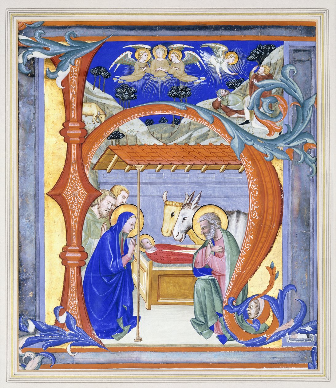 Iluminovaná historická iniciála „N“, zobrazující betlém, 1410 od Don Simone Camaldolese