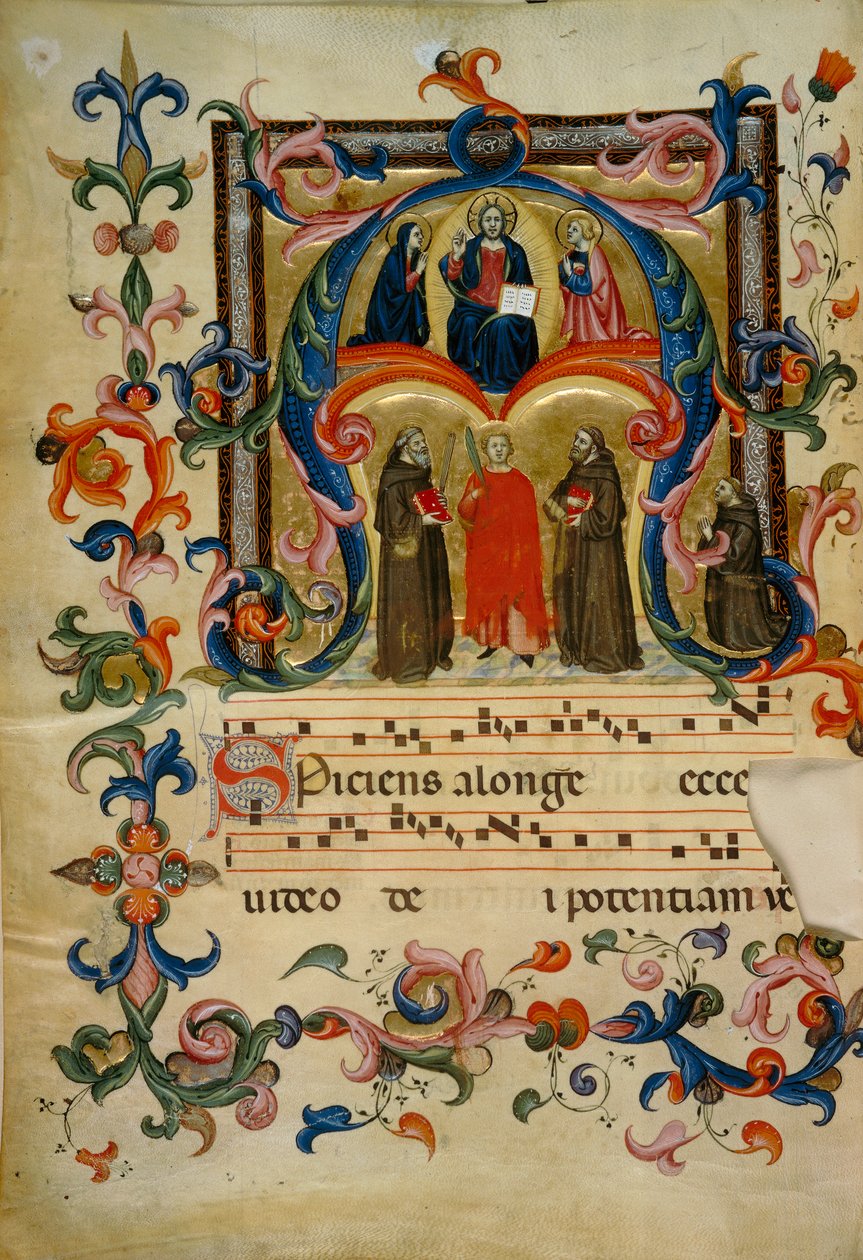 Iluminovaná iniciála s Kristem ve slávě (Corale 39, c. 1v), dílo pro sborovou knihu 39 Santa Maria degli Angeli z kostela San Pancrazio ve Florencii od Don Simone Camaldolese