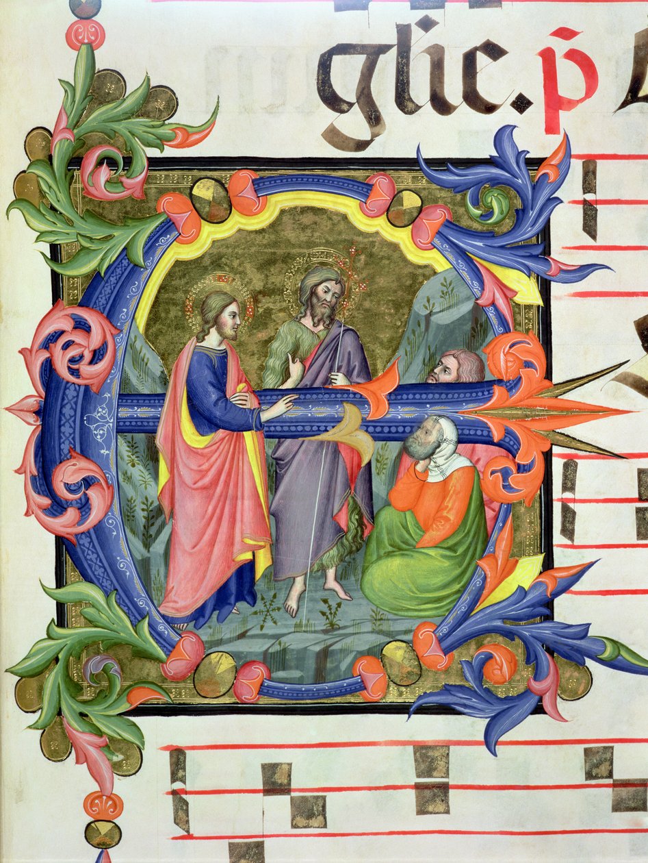 Ms 572 f.107 r Historická iniciála „E“ zobrazující sv. Jana Křtitele, jak představuje Krista dvěma učedníkům, z antifony od Don Simone Camaldolese