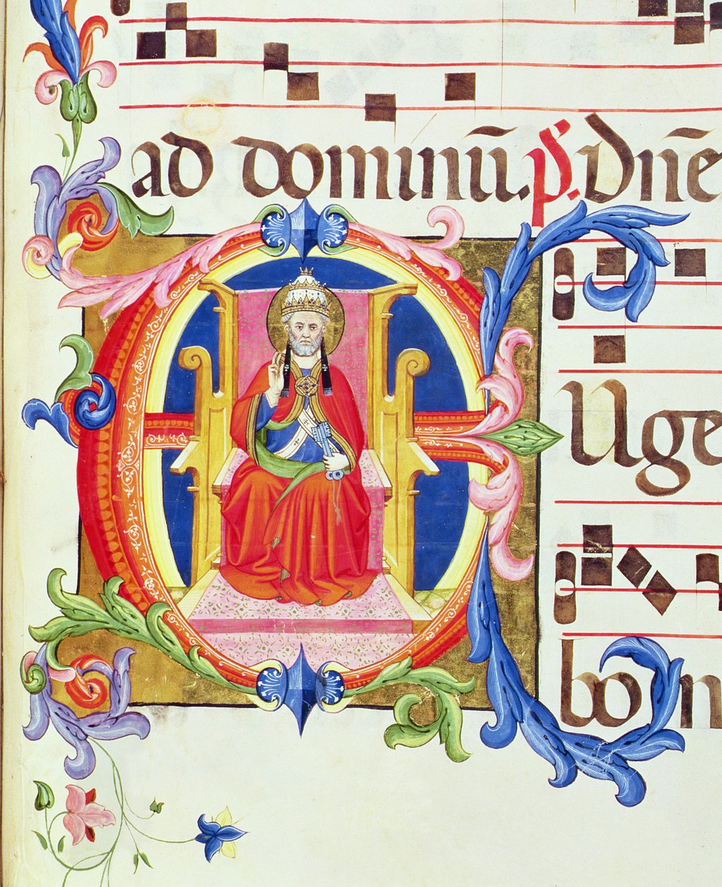 Ms 572 f.125r Historická iniciála „E“ zobrazující svatého Petra jako prvního římského biskupa z antifony ze Santa Maria del Carmine od Don Simone Camaldolese