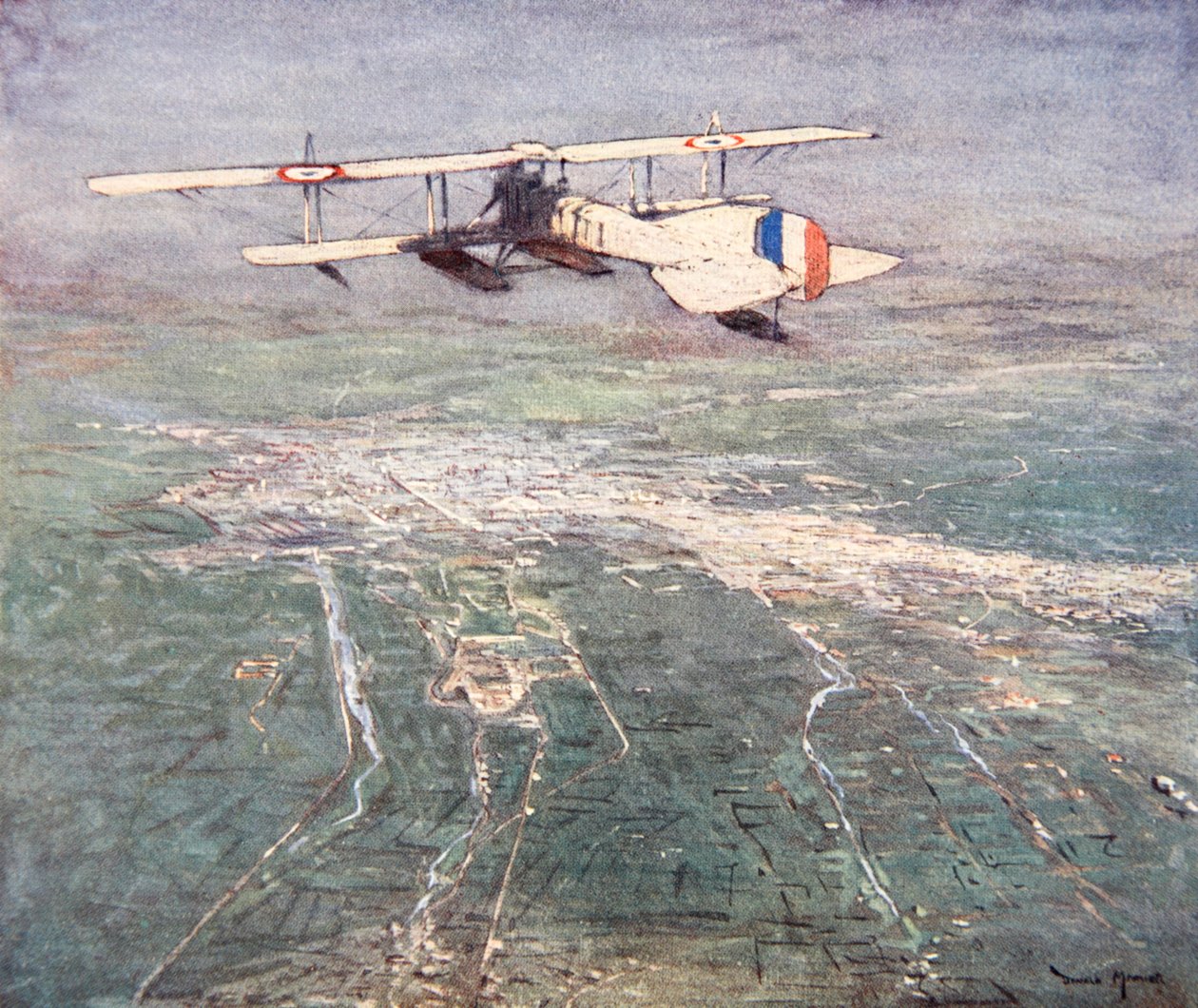 Hydroplán letící nad Damaškem, ilustrace z „The Naval Front“ od Gordona S. Maxwella, 1920 od Donald Maxwell