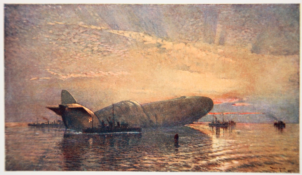 St. George and the Dragon: Zeppelin L15 in the Thames, duben 1916, ilustrace z „The Naval Front“ od Gordona S. Maxwella, 1920 od Donald Maxwell