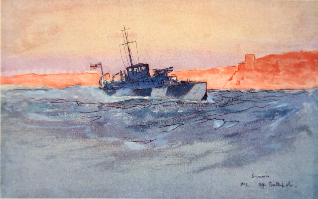 Sunrise: Motor Launch off Gallipoli, Italy, ilustrace z „The Naval Front“ od Gordona S. Maxwella, 1920 od Donald Maxwell