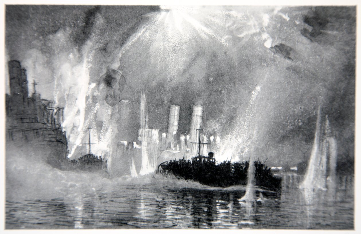 Motor Launches zachraňující posádky blokových lodí v Zeebrugge, ilustrace z „The Naval Front“ od Gordona S. Maxwella, 1920 od Donald Maxwell