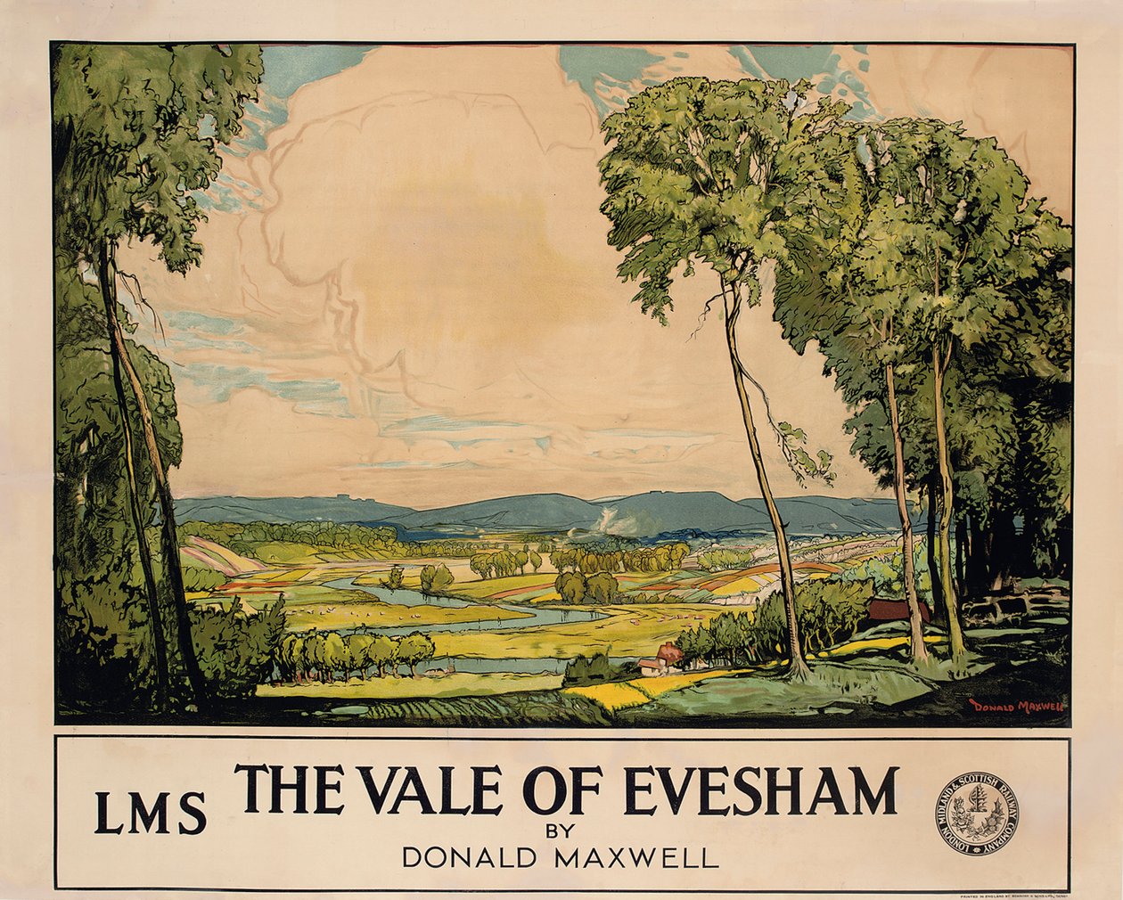 The Vale of Evesham, plakát inzerující Londýn, Midland a Scottish Railway (barevné lito) od Donald Maxwell