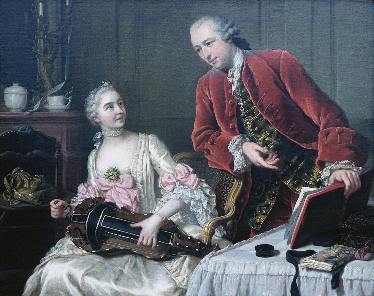 Portrét Monsieur a Madame de Corcelles hrají hudbu v interiéru od Donat Nonotte