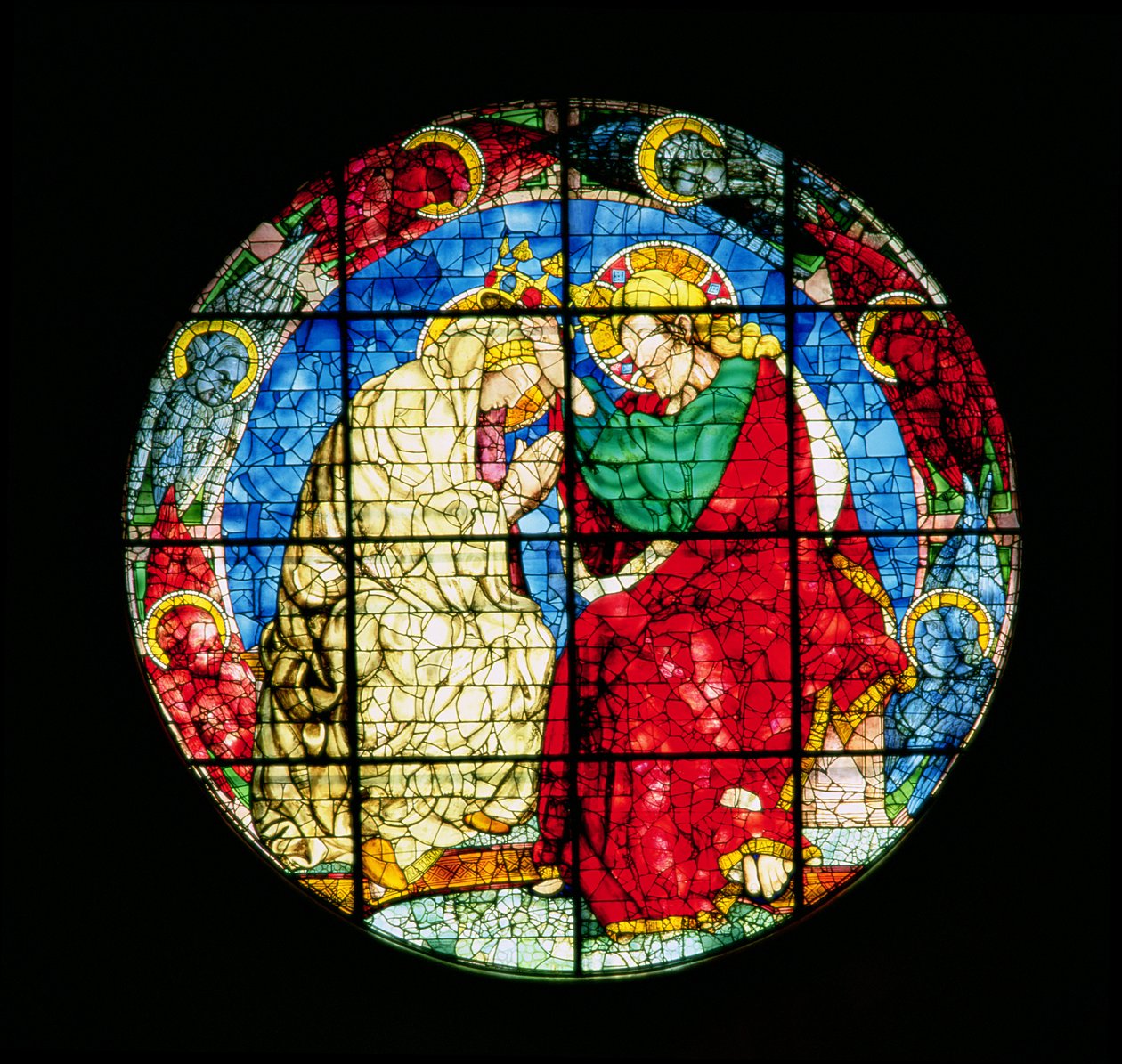 Oculus zobrazující Korunovaci Panny Marie, 1438 (vitráže) od Donatello