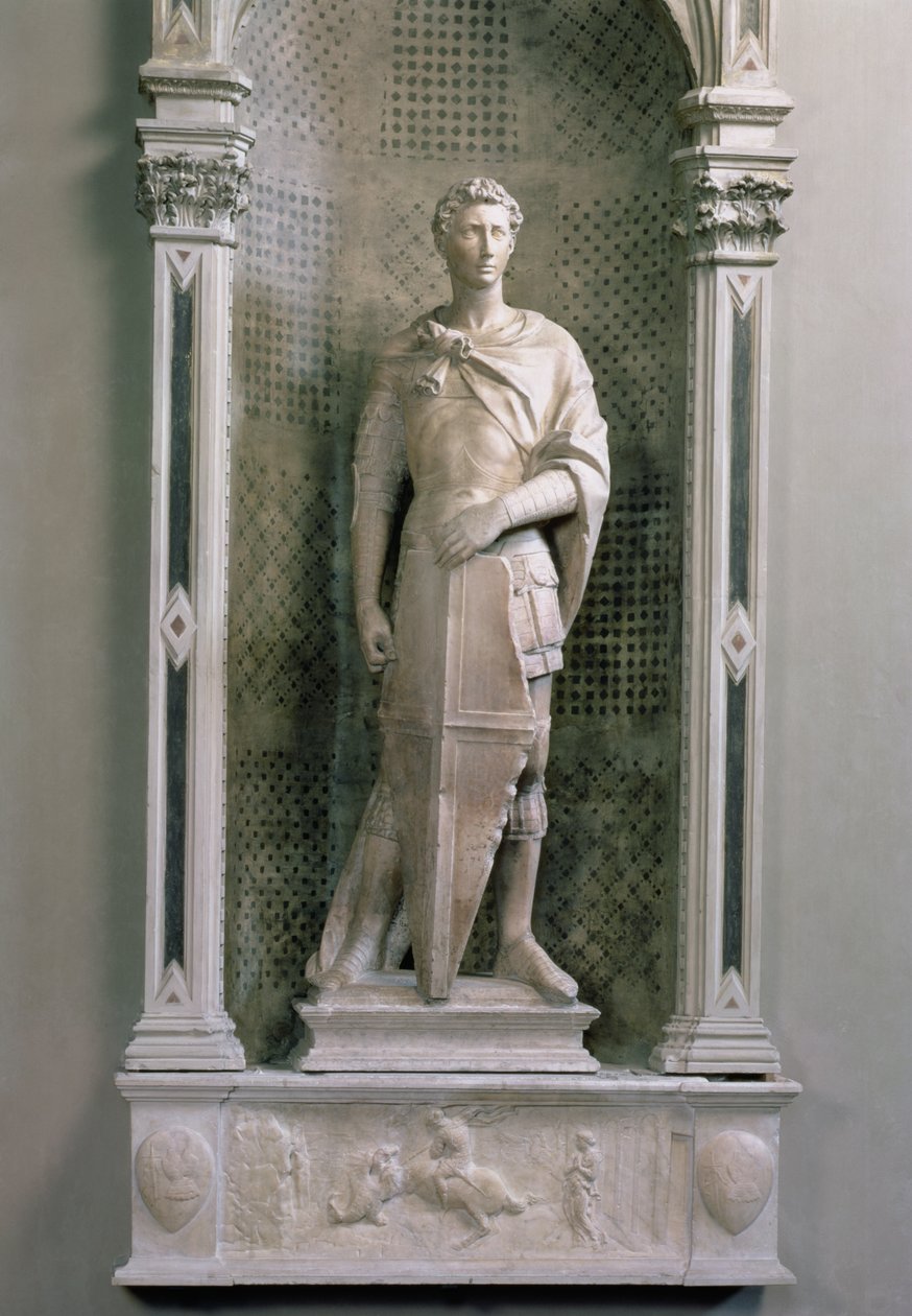 Svatý Jiří ve výklenku s reliéfem sv. Jiří Zabíjející draka dole (mramor) (po restaurování, viz také 87899) od Donatello