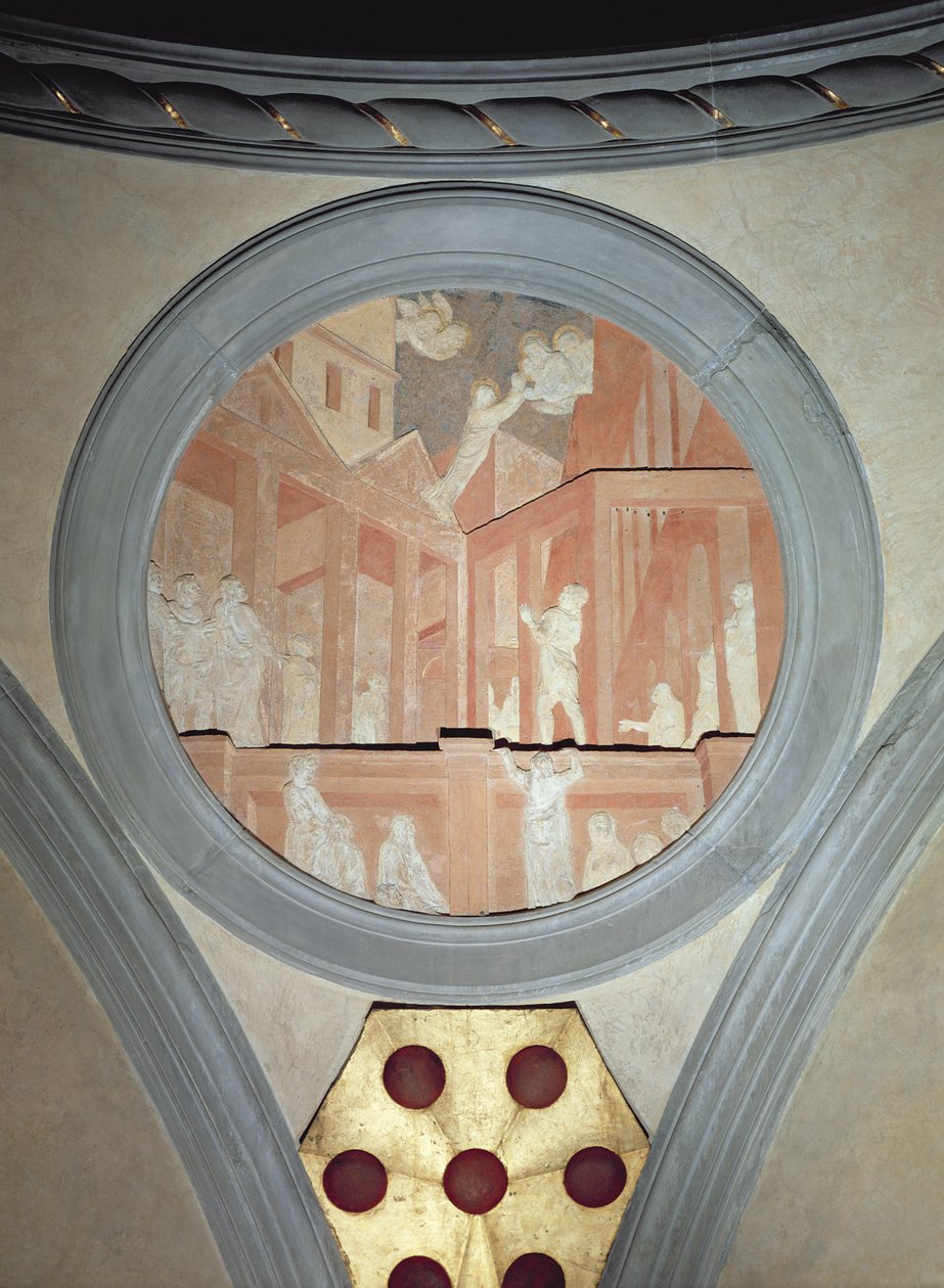 Nanebevzetí sv. Jana, medailon s briketou, kolem 1425 (sádra) od Donatello