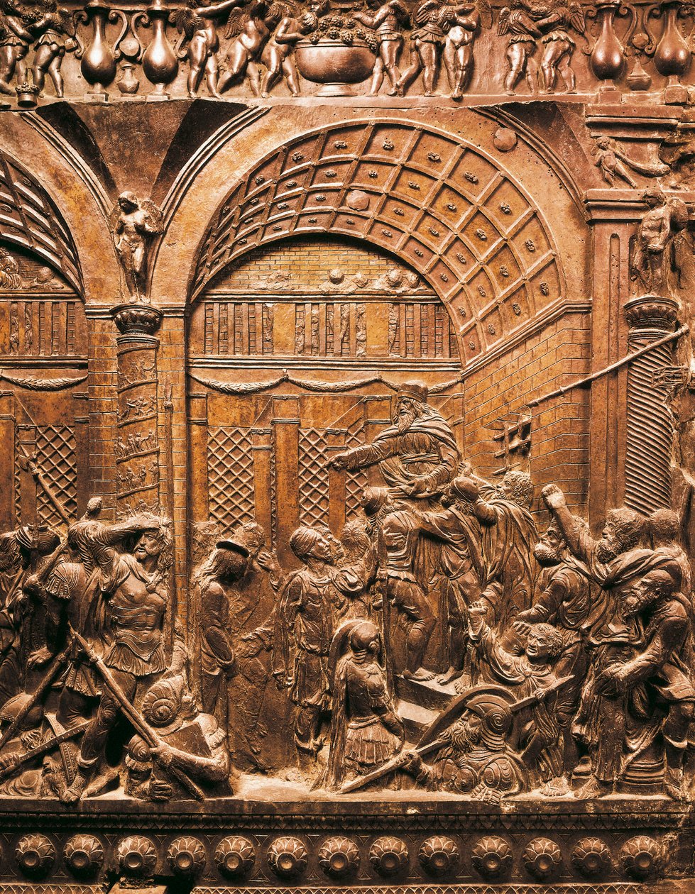 Renesanční umění (Quattrocento): Kristus vede před Kaifášem. 1460. Nízký reliéf na bronzu) od Donatello