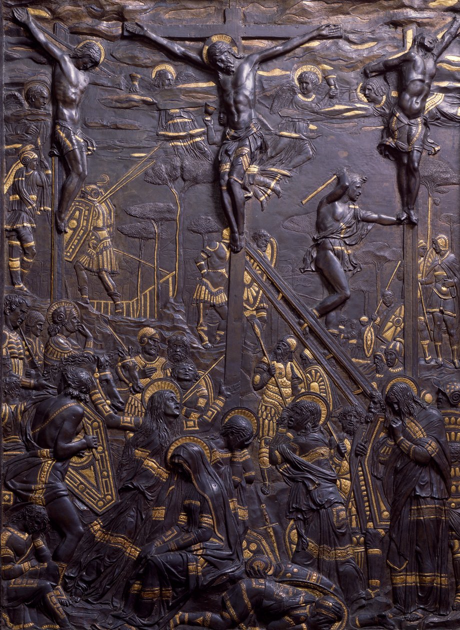 Ukřižování Krista, asi 1465, od Donatella (asi 1386-1466), reliéf z damascénského bronzu, 93x70 cm. Itálie od Donatello