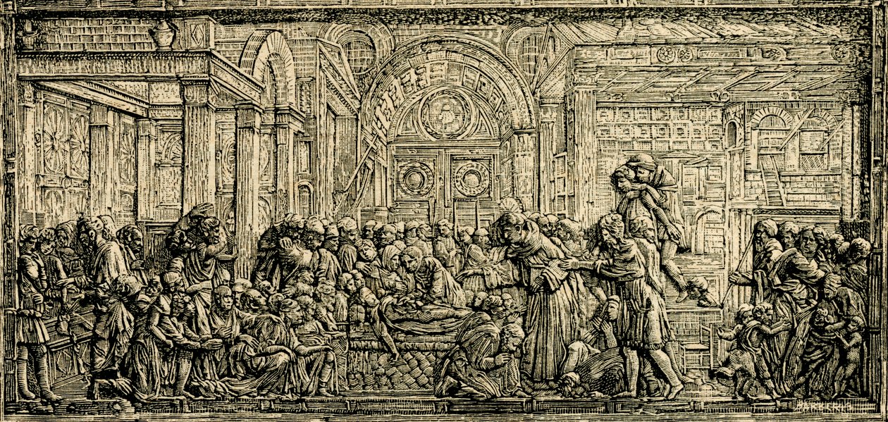Zázrak srdce lakomce, oltář svatého Antonína, bronzový reliéf od Donatella, bazilika svatého Antonína Paduánského, Padova, Benátsko, Itálie, dřevoryt z Le cento citta d