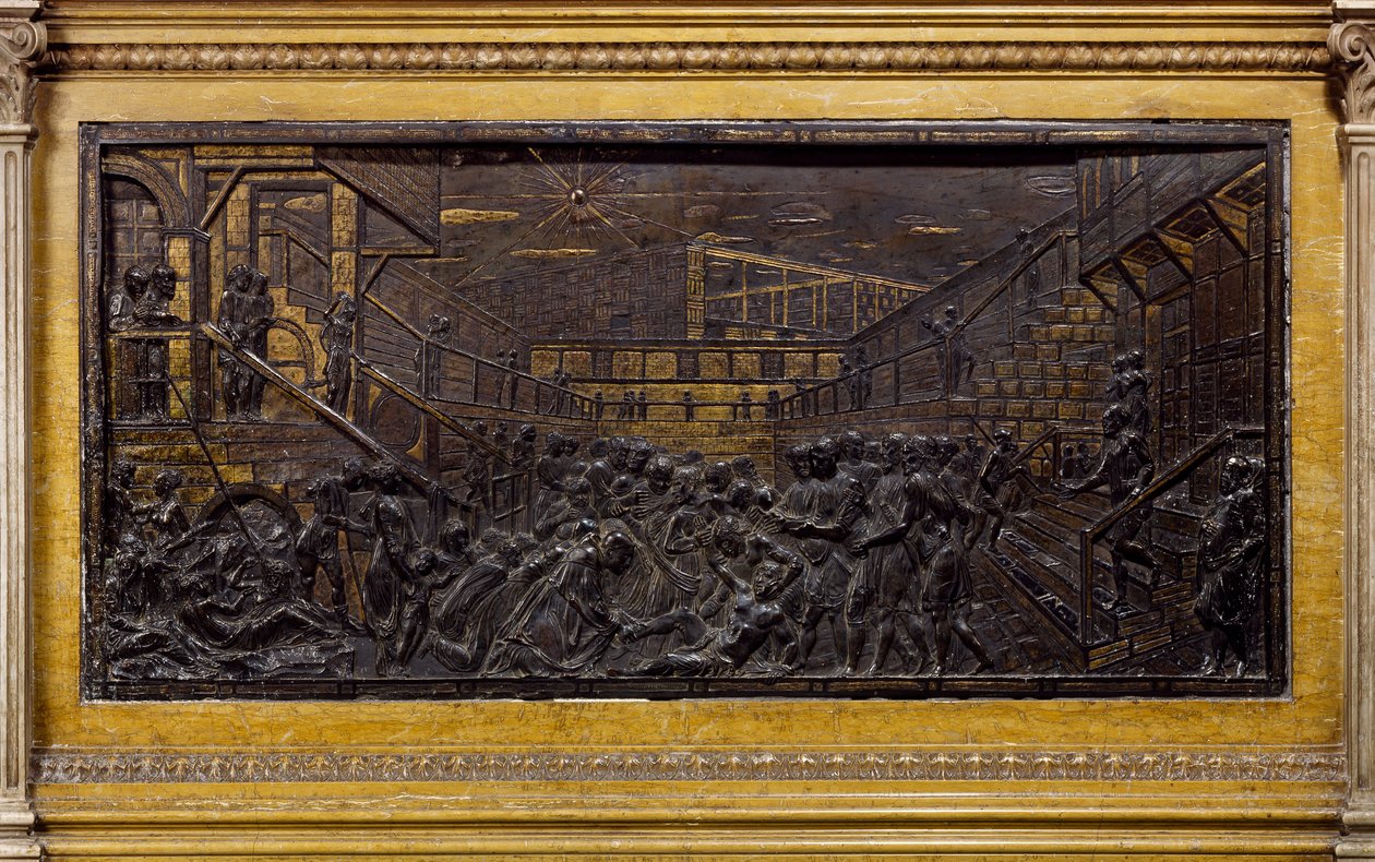 Reliéf zobrazující svatého Antonína, jak znovu připojuje nohu mladého člověka, od Donatella (asi 1386-1466), bronz, oltář svatého, bazilika svatého Antonína (Basilica del Santo), Padova, Itálie od Donatello