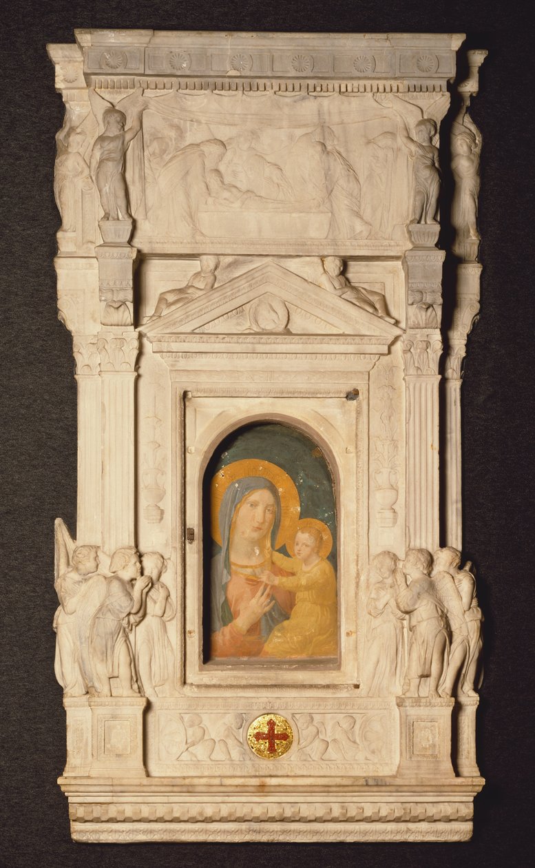 Svatostánek svátosti Eucharistie nebo Ciborium od Donatella (1386-1466), s fragmentem fresky ze 14. století zobrazující Madonu z horečky, Muzeum pokladnice baziliky svatého Petra, Řím, Vatikán od Donatello