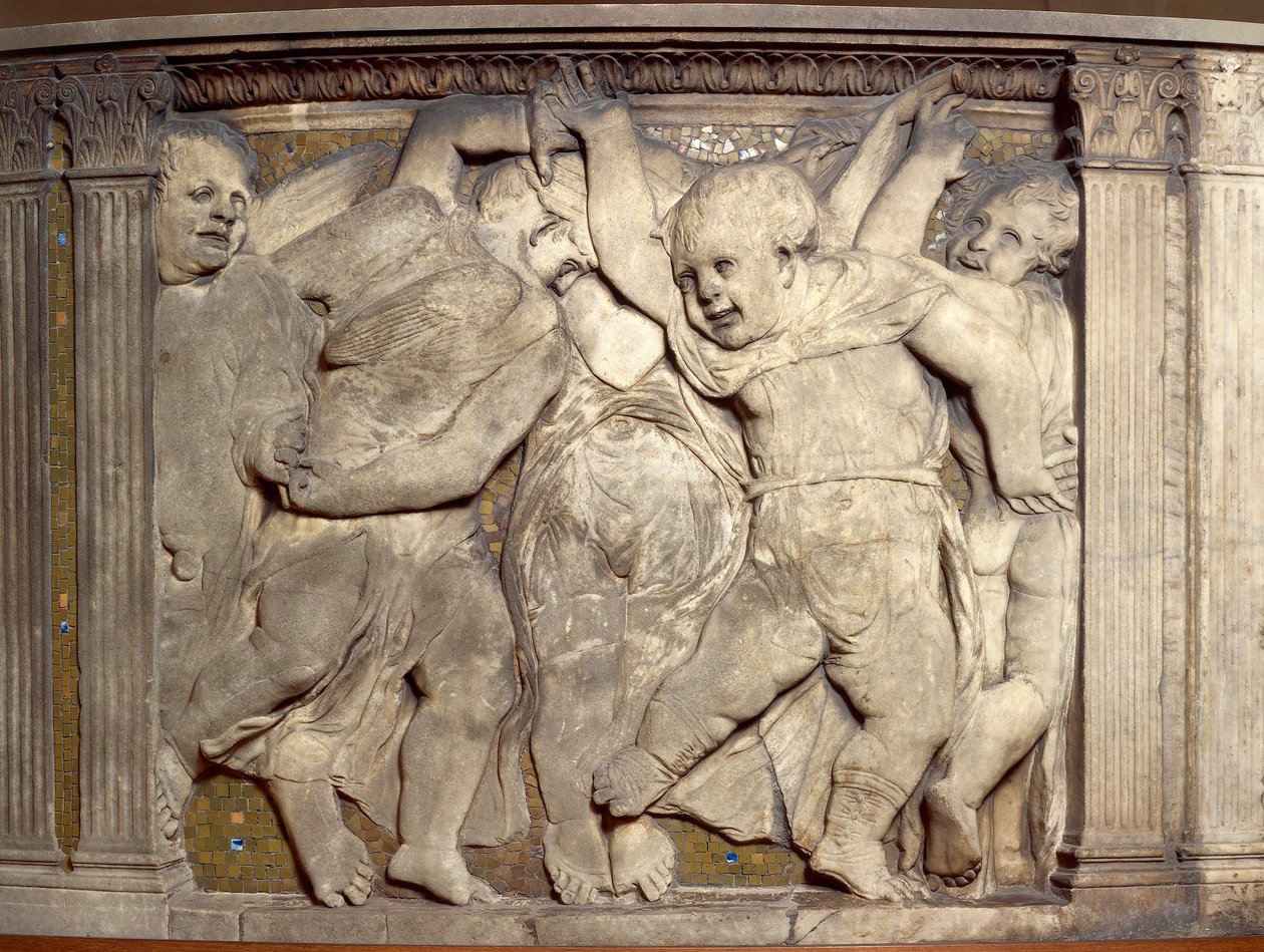 Dlaždice s tančícími putti, od Donatella (asi 1386-1466), mramorový reliéf, Kazatelna katedrály Prato, Toskánsko od Donatello