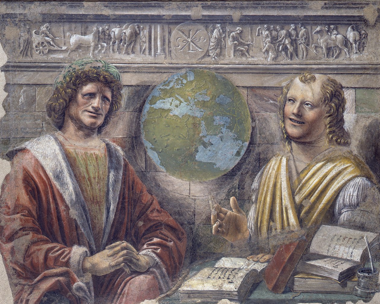 Hérakleitos a Démokritos, kolem roku 1486 (samostatná freska nesená na plátně) od Donato Bramante