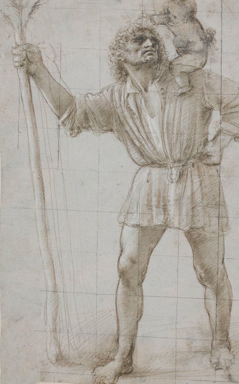 sv. Kryštof s Jezulátkem, c. 1490 (Silverpoint, zvýrazněno bílou, na světle šedém připraveném papíře) od Donato Bramante