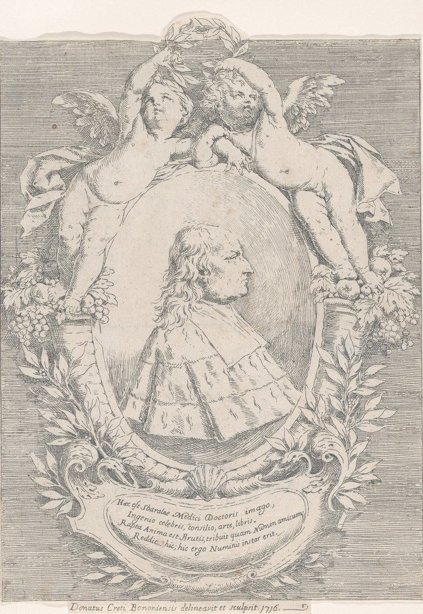 Portrét Giovanniho Girolama Sbaraglia, uvnitř oválu lemovaného dvěma putti na roh hojnosti..., 1716. od Donato Creti