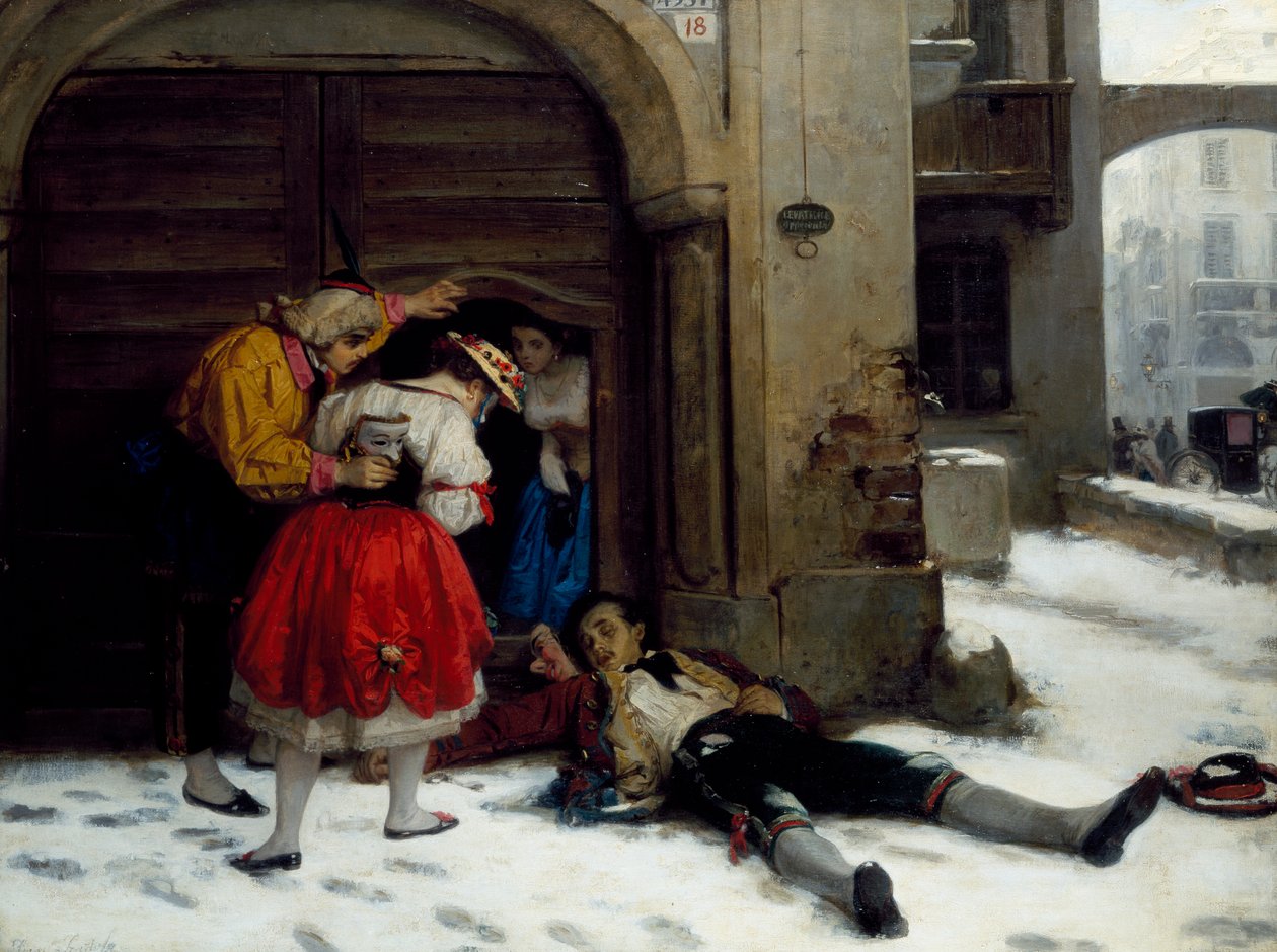 Návrat po celonoční párty, obraz Domenica Scattoly (1814-1876), olej na plátně, 75x100 cm od Donenico Scattola