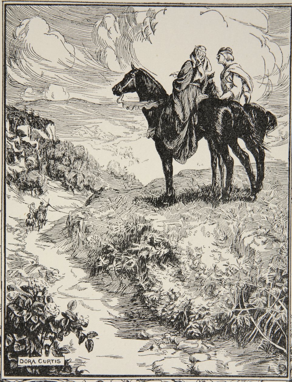 Jak čekají na malém lesním pahorku, ilustrace z „Příběhů krále Artuše a kulatého stolu“ od Beatrice Clayové, 1. vydání, 1905 od Dora Curtis