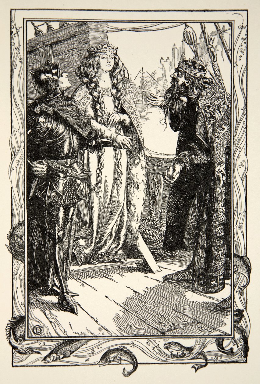 Král Anguish dává Isolt siru Tristramovi, ilustrace z 