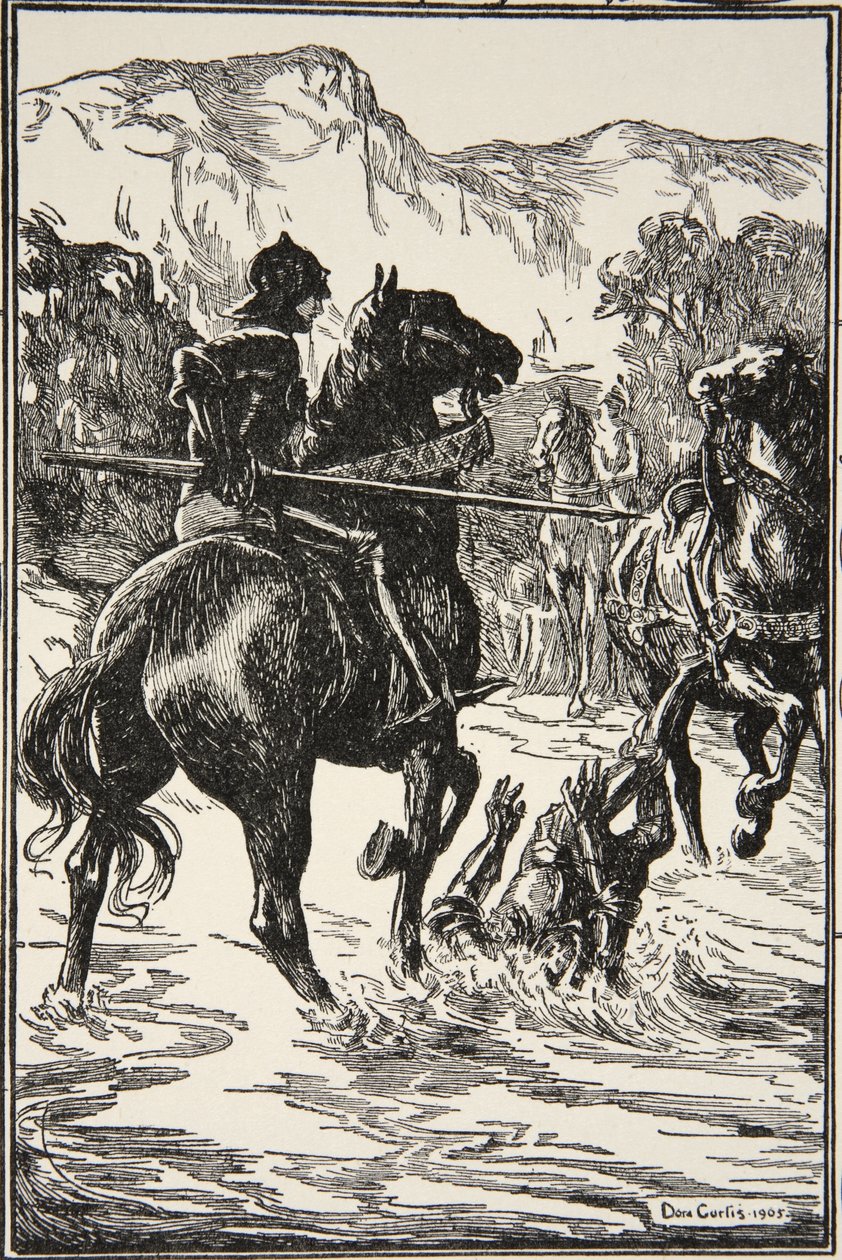 Zasadil mu takovou ránu, ilustrace z „Příběhů krále Artuše a kulatého stolu“ od Beatrice Clayové, 1. vydání, 1905 od Dora Curtis