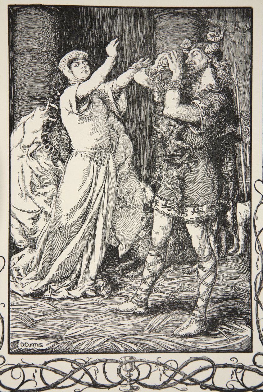 Královna na něj křičela, aby to nechal, ilustrace z „Příběhů krále Artuše a kulatého stolu“ od Beatrice Clayové, 1. vydání, 1905 od Dora Curtis