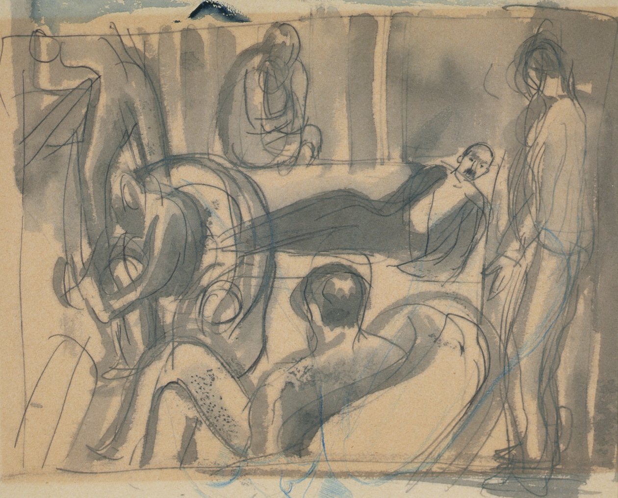Maynard Keynes, Lytton Strachey a další, kolem roku 1916 (tužka a akvarel na papíře) od Dora Carrington
