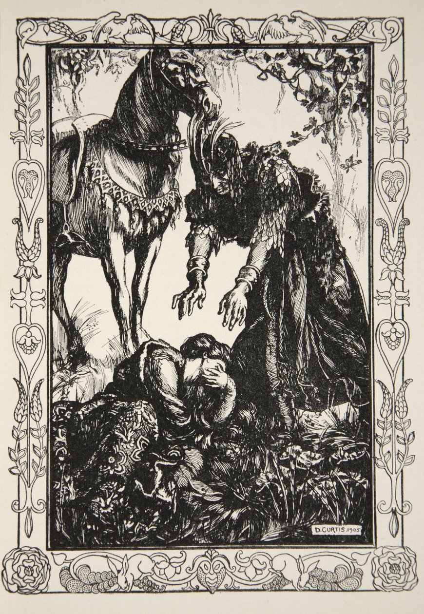 Objevil se před ní palamides, ilustrace z „Příběhů krále Artuše a kulatého stolu“ od Beatrice Clayové od Dora Curtis