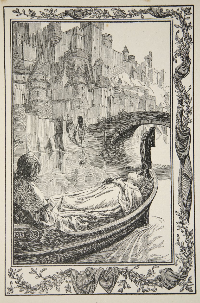 Člun plul po řece, ilustrace z „Příběhů krále Artuše a kulatého stolu“ od Beatrice Clayové od Dora Curtis