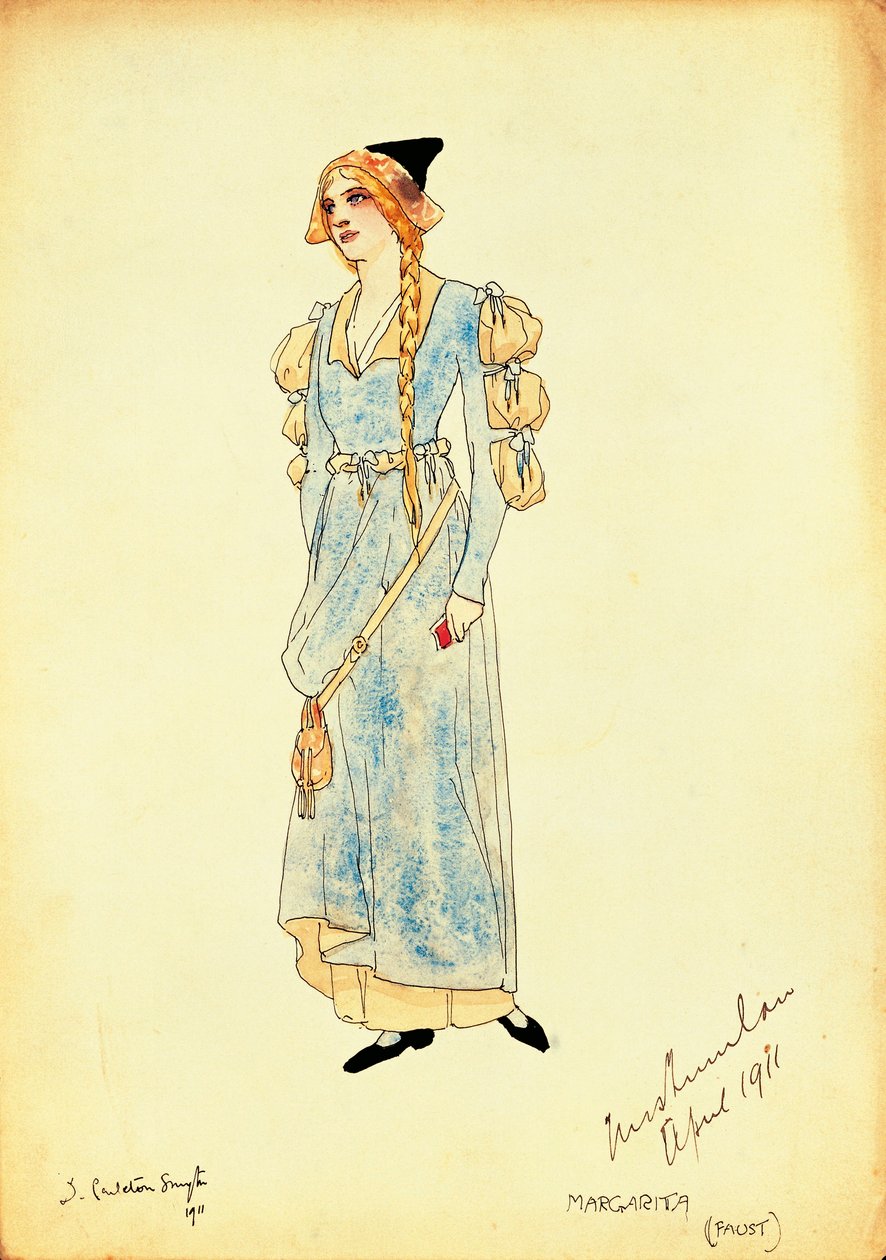 Kostýmní skica pro Marguerite pro představení Faust od Carleton Smyth od Dorothy Carleton Smyth