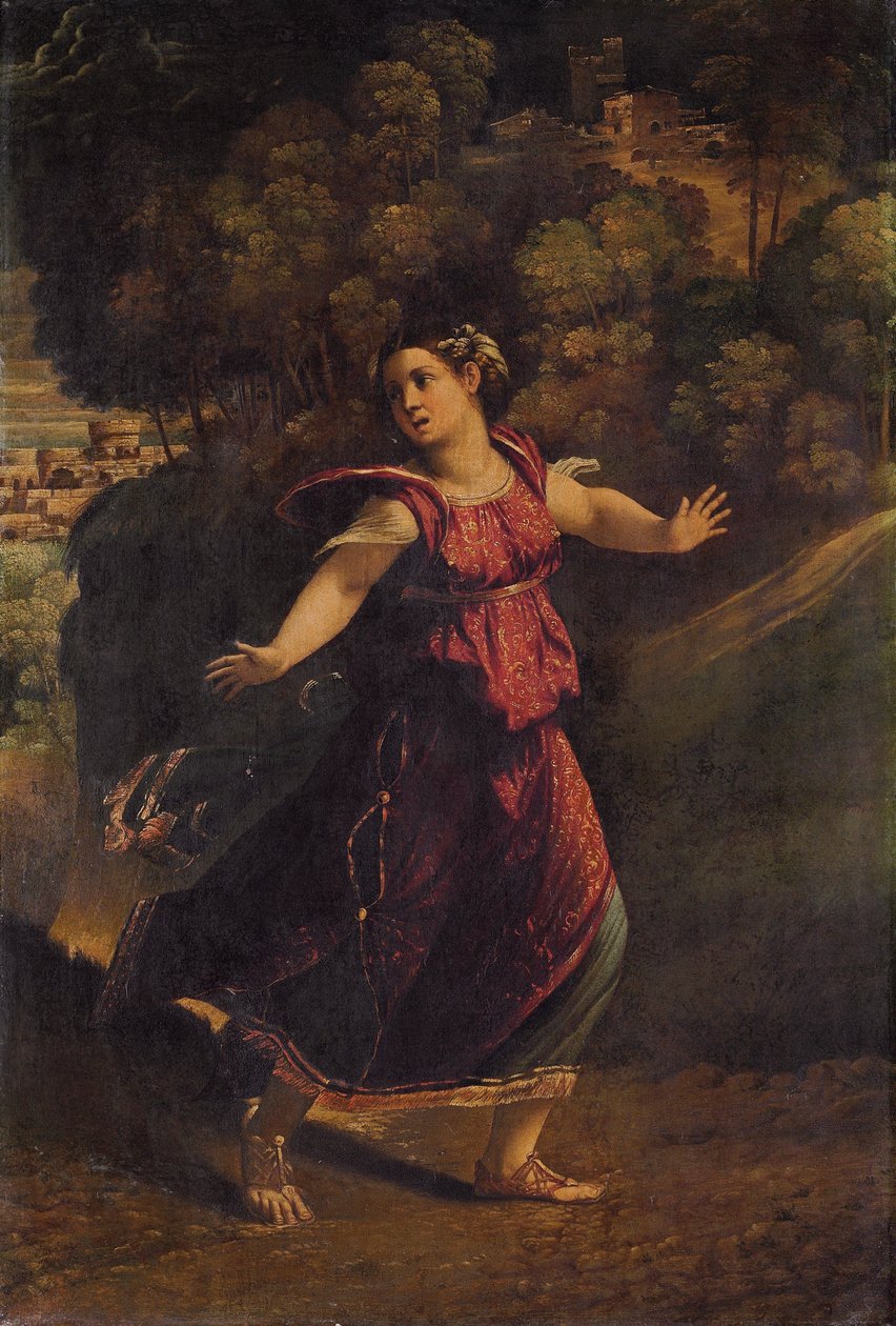 Žena prchající po zalesněné cestě, kolem 1520 od Dosso Dossi