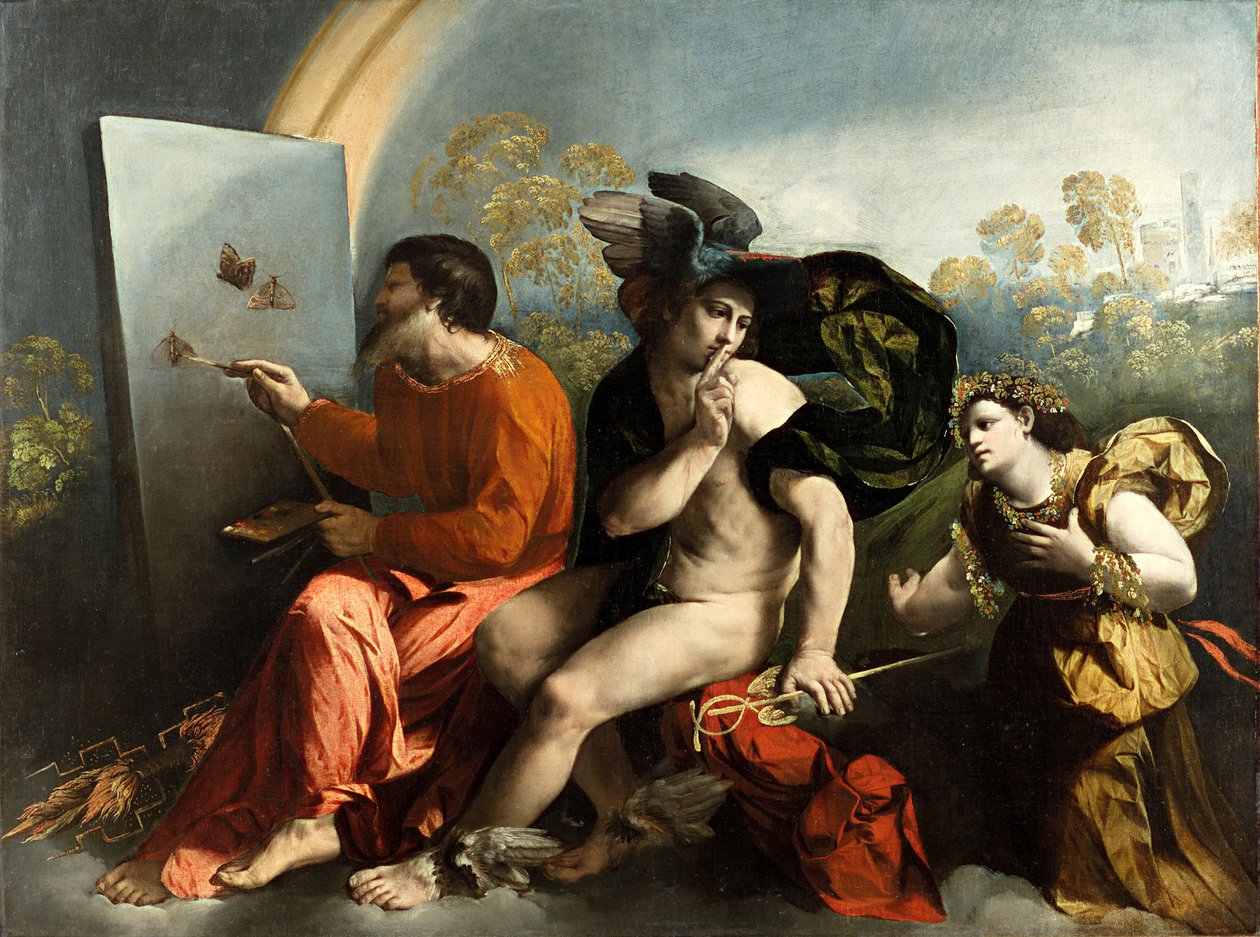Jupiter, Merkur a ctnost (Jupiter malba motýlů), c. 1524 (olej na plátně) od Dosso Dossi