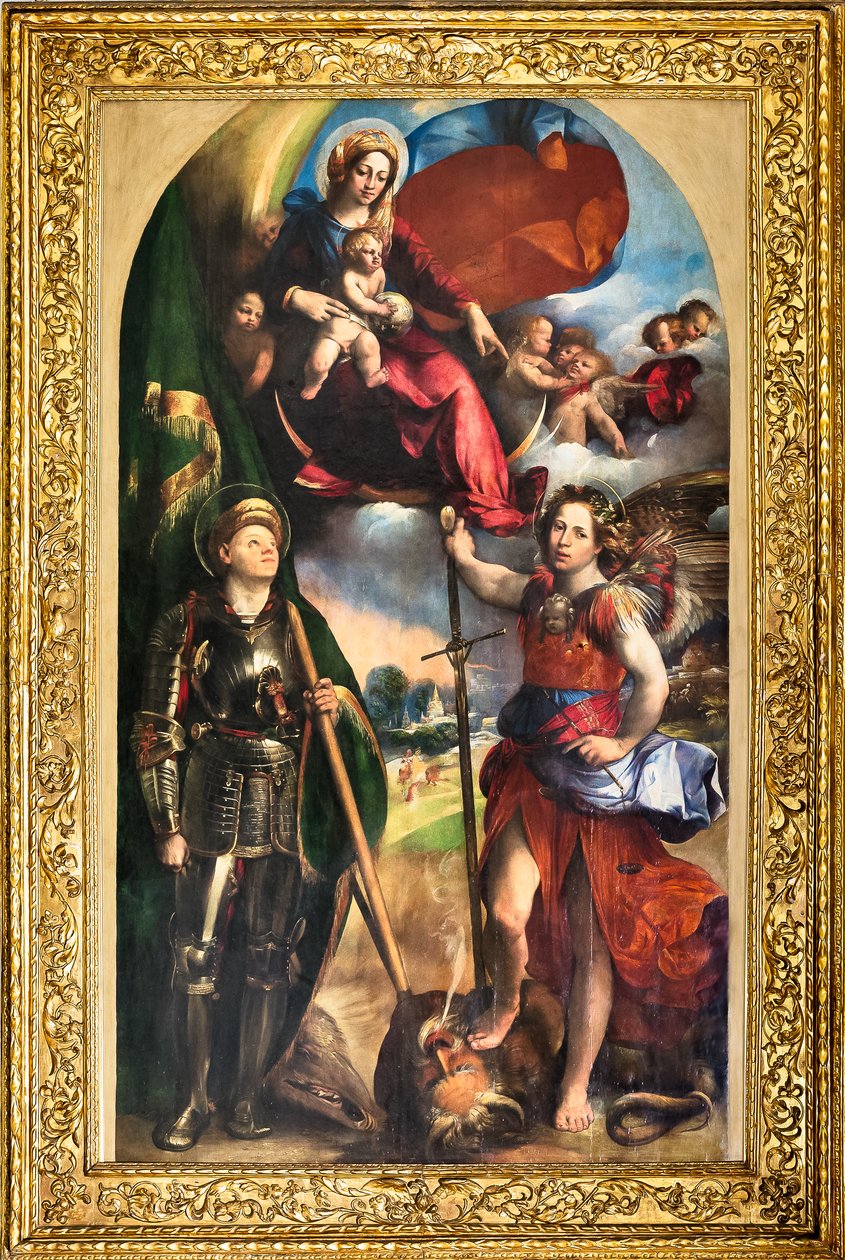 Madona s Jezulátkem a svatým Jiřím a svatým archandělem Michalem, kolem roku 1518 (olej na panelu) od Dosso Dossi