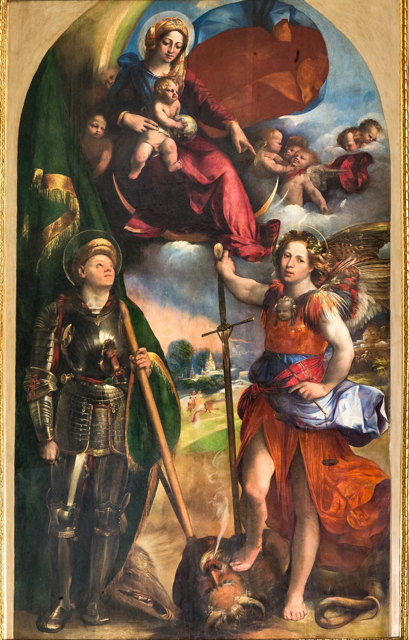 Madona s Jezulátkem a svatým Jiřím a svatým archandělem Michalem, kolem roku 1518 (olej na panelu) od Dosso Dossi