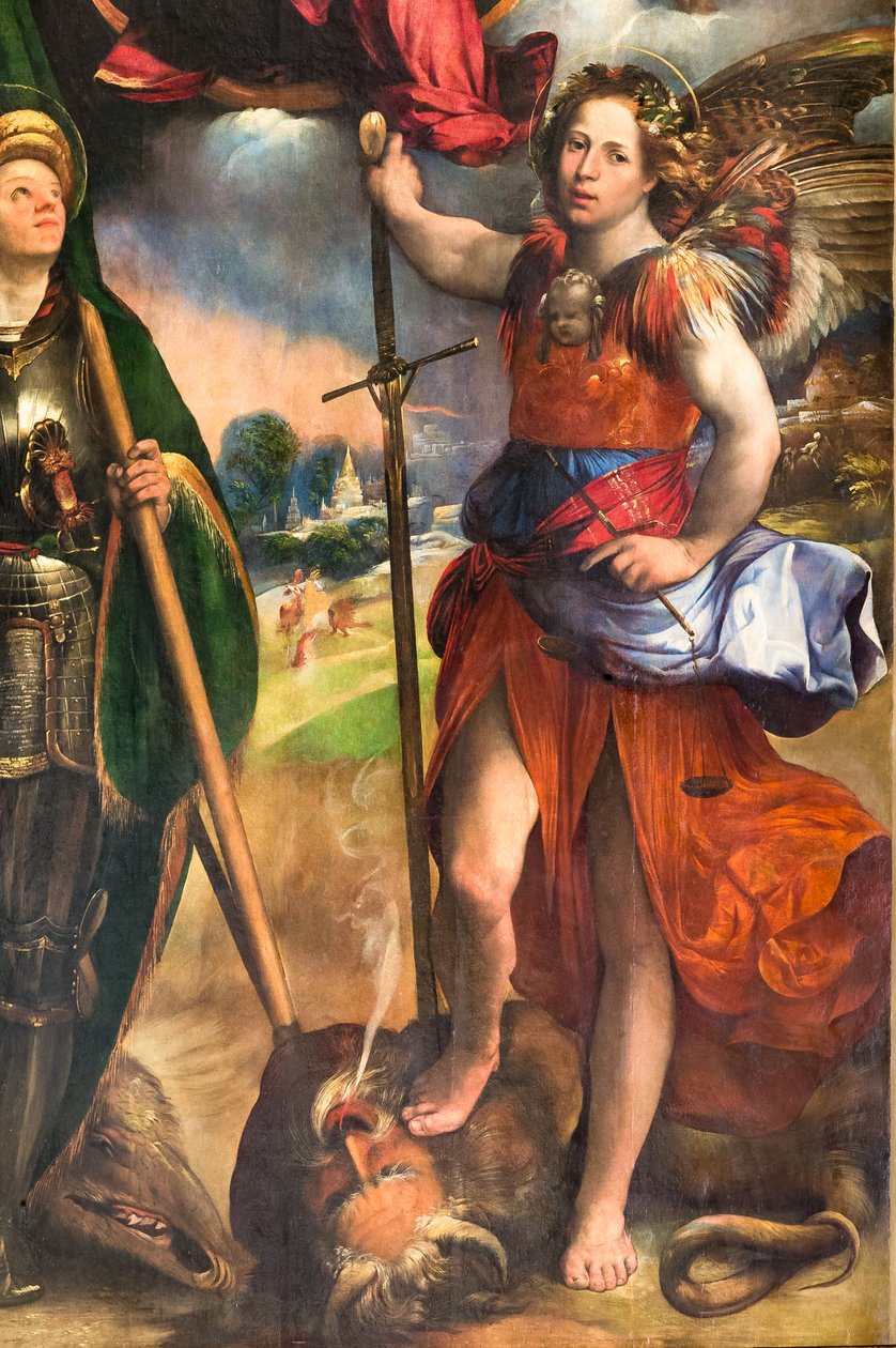 Madona s Jezulátkem a svatým Jiřím a svatým archandělem Michalem, detail 2384617, kolem 1518 (olej na panelu) od Dosso Dossi