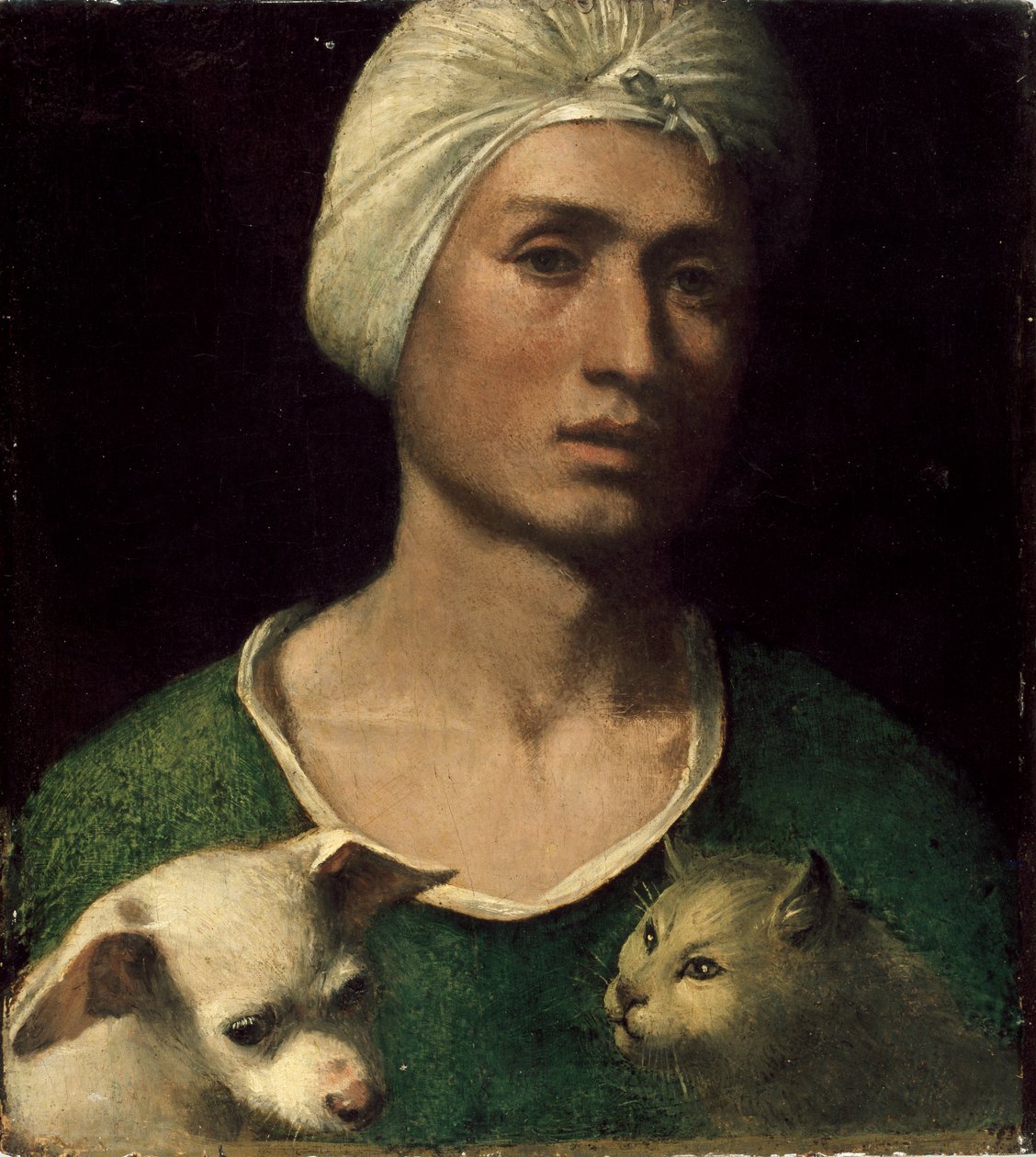 Portrét mladého muže, který držel psa a kočku, c1530s od Dosso Dossi