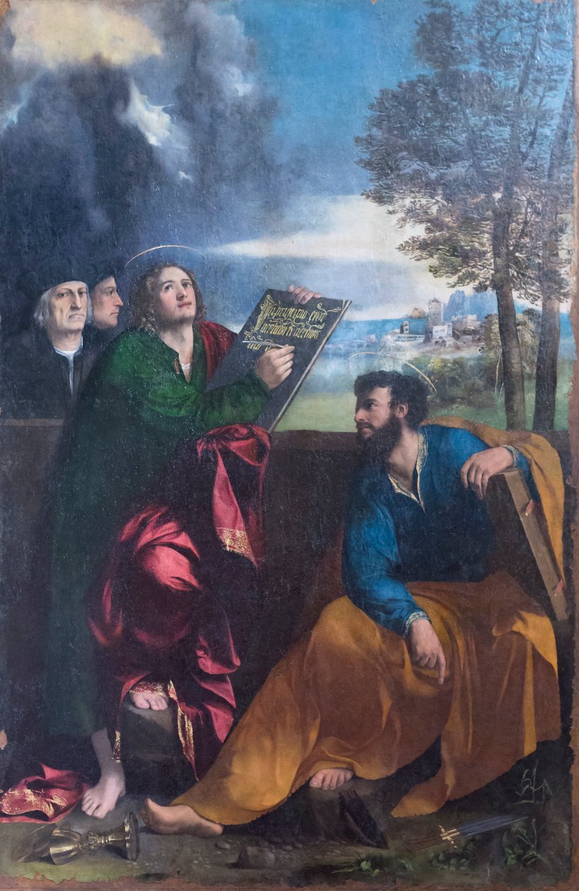 Svatý Jan evangelista a svatý Bartoloměj s Pontichino della Sale a členem jeho rodiny od Dosso Dossi