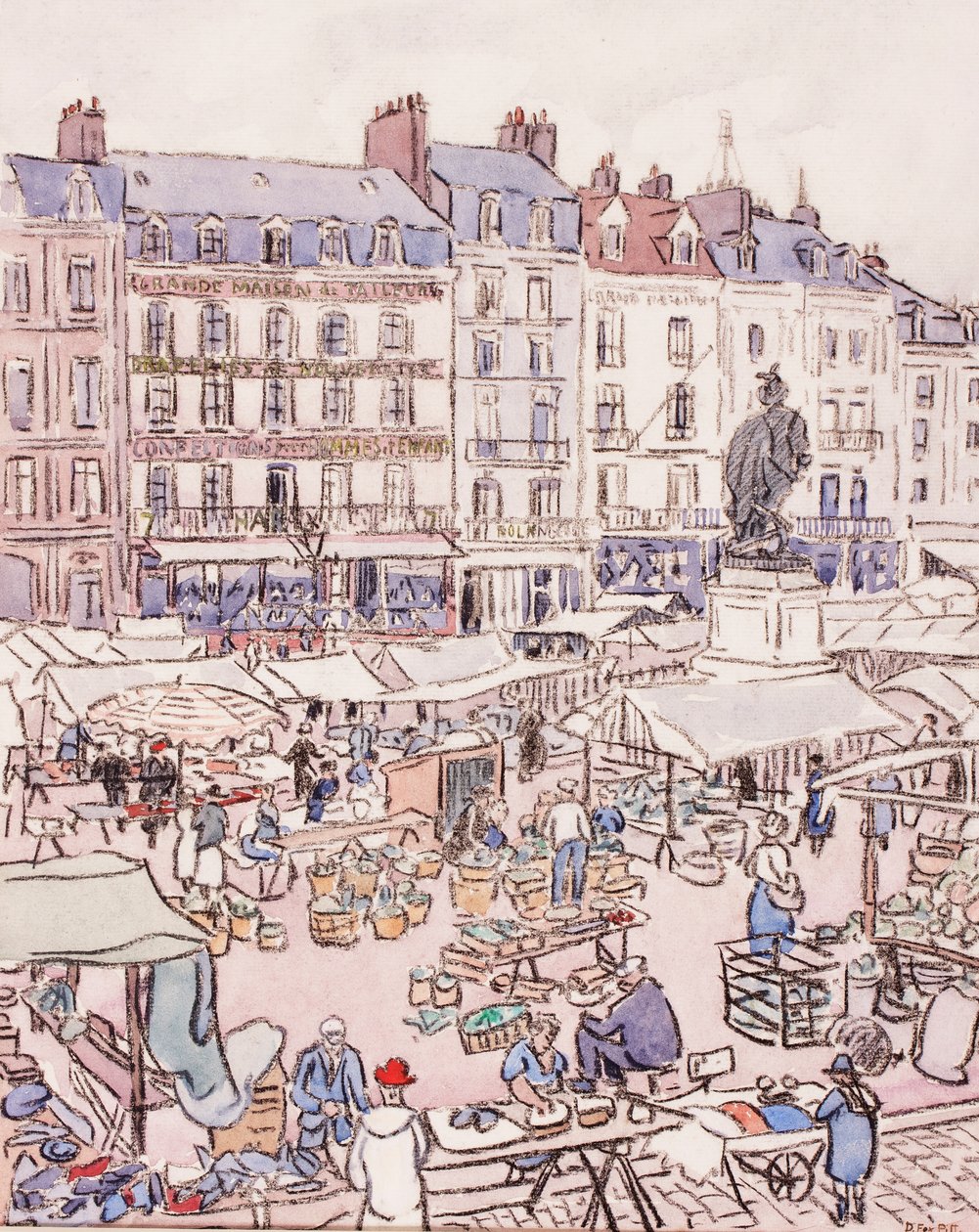 Place Nationale, Dieppe, cca 1910 (křída a wc na papíře) od Douglas Fox Pitt