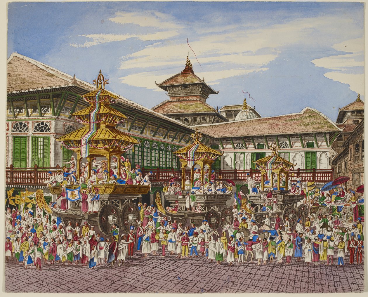 T dívčí cesta. Tri Temple Cars mimo T Hanuman Dhoka, Kathmandu (Black Litho) od Dr. Henry Ambrose Oldfield