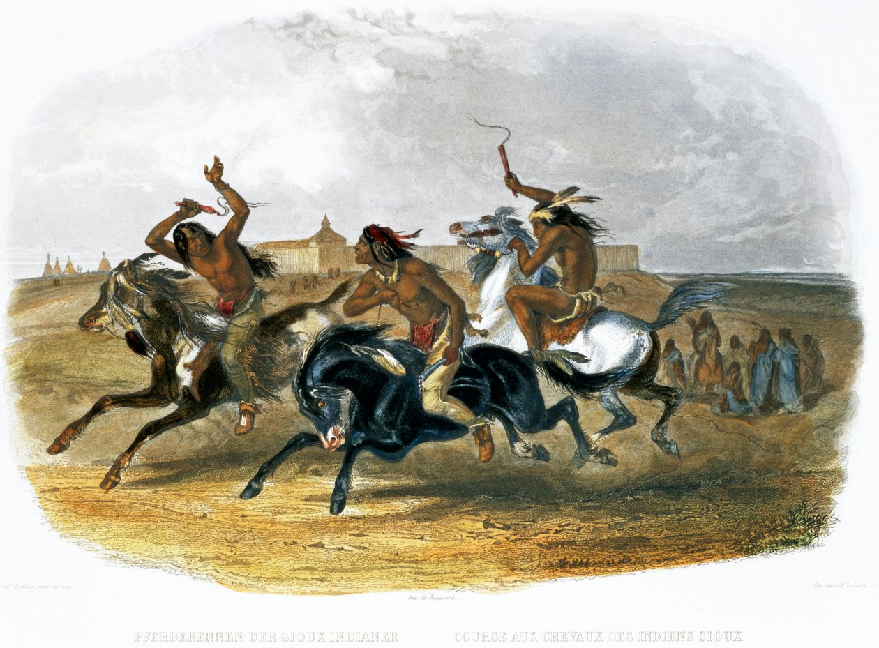 „Dostihy Siouxských indiánů poblíž Fort Pierre“, 1843 od Du Casse and Doherty