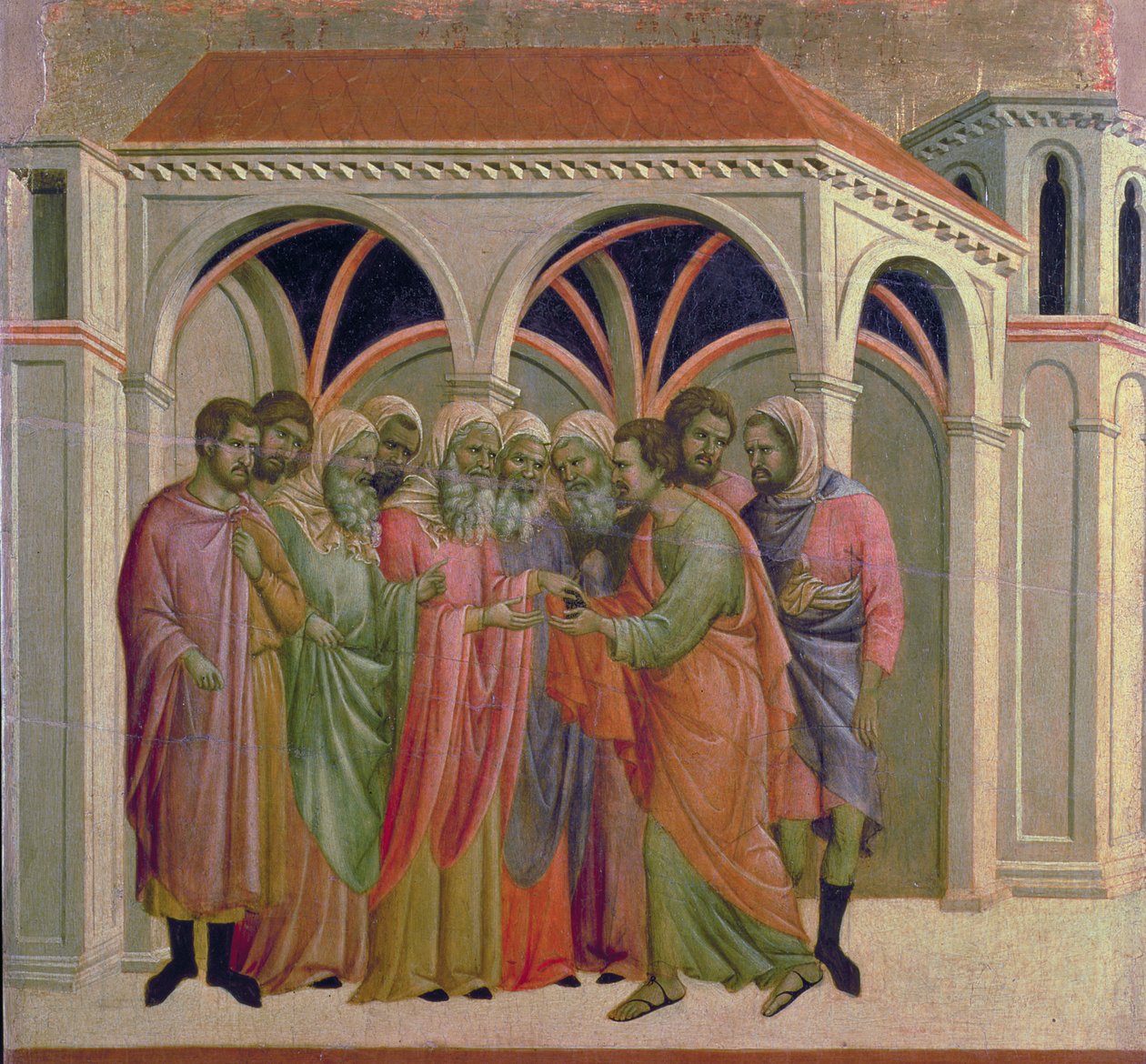 Maesta: Jidáš dostává třicet kusů stříbra, 1308-11 od Duccio di Buoninsegna