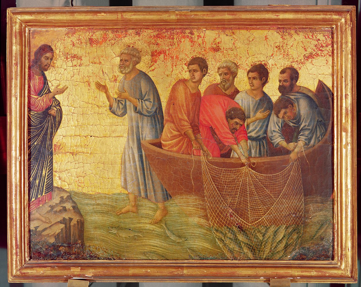 Zjevení na jezeře Tiberiade, z příběhu o Kristu po zmrtvýchvstání, verso oltářního obrazu Maesta, dokončeno 1311 (tempera na panelu) od Duccio di Buoninsegna