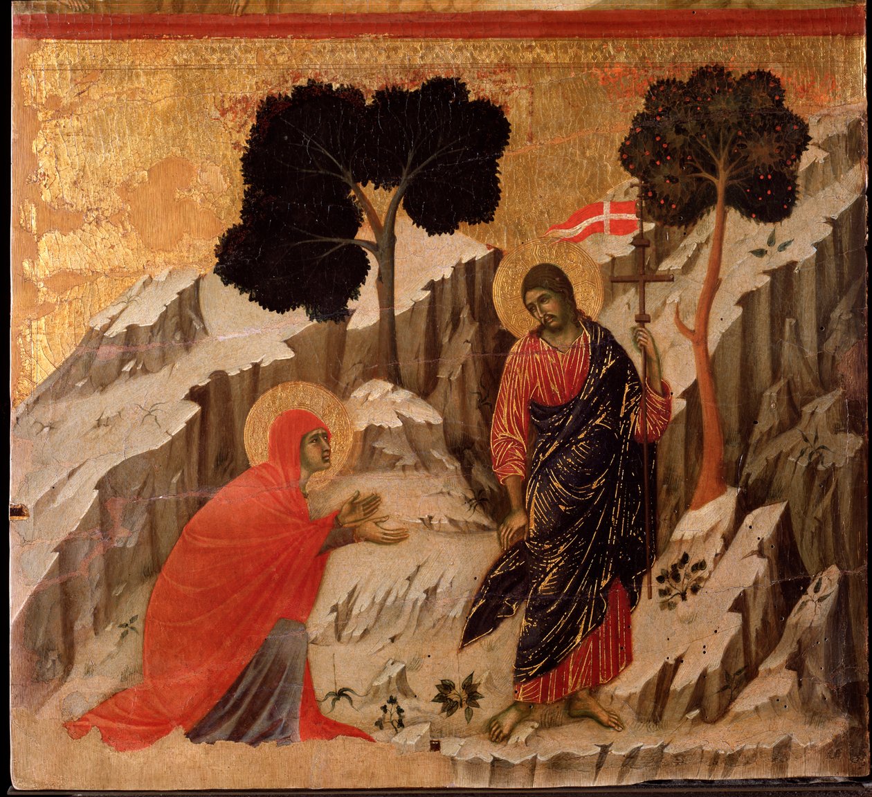 Zjevení Ježíše Marii Magdaleně po vzkříšení. Oltářní obraz Maesta (tempera a zlato na dřevě od Duccio di Buoninsegna
