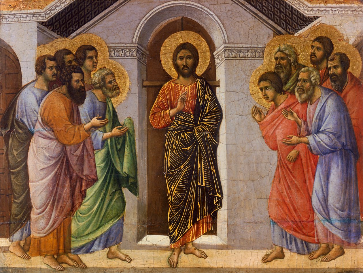 Kristus se zjevuje apoštolům za zavřenými dveřmi, detail z epizod z Kristova umučení a zmrtvýchvstání, část oltáře Maesta