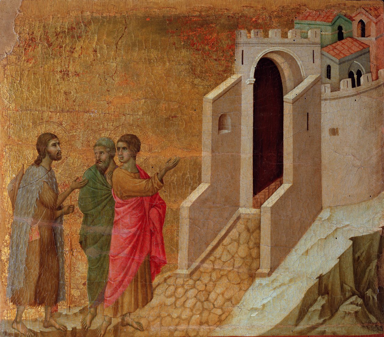 Kristus a poutníci u bran města Emauz. Oltářní obraz Maesta (tempera a zlato na dřevě od Duccio di Buoninsegna