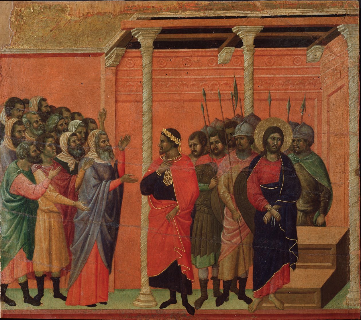 Ježíše obvinili farizeové. Oltářní obraz Maesta (tempera a zlato na dřevě od Duccio di Buoninsegna