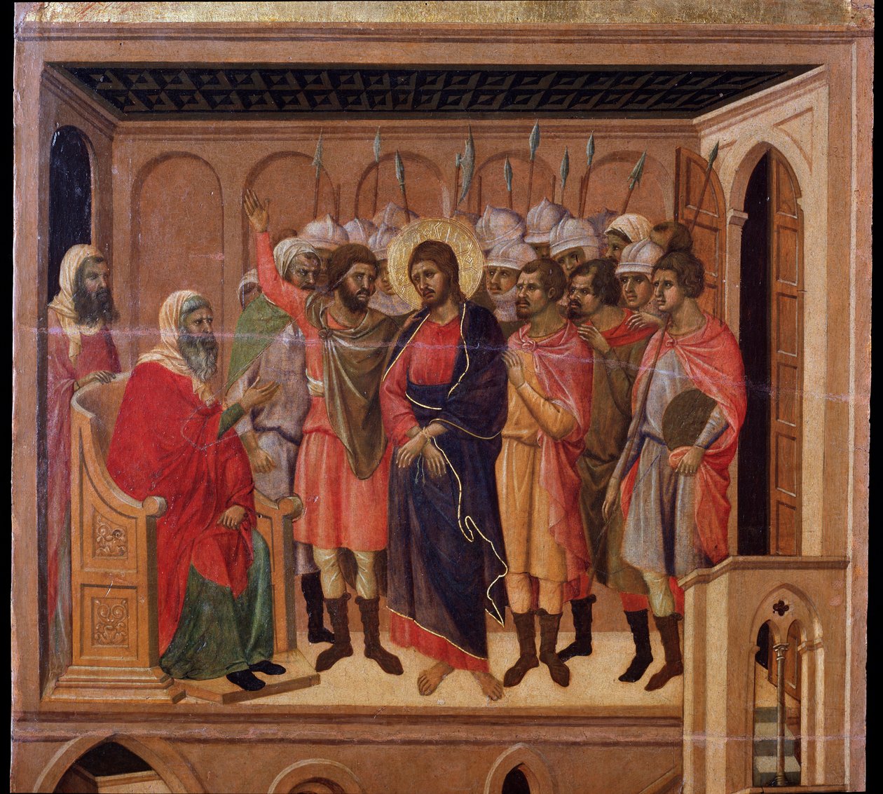 Ježíš před Annášem. Oltářní obraz Maesta (tempera a zlato na dřevě od Duccio di Buoninsegna